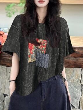 Buykud Plus Size Summer Patch Spliced Cotton T-Shirt Women's Large